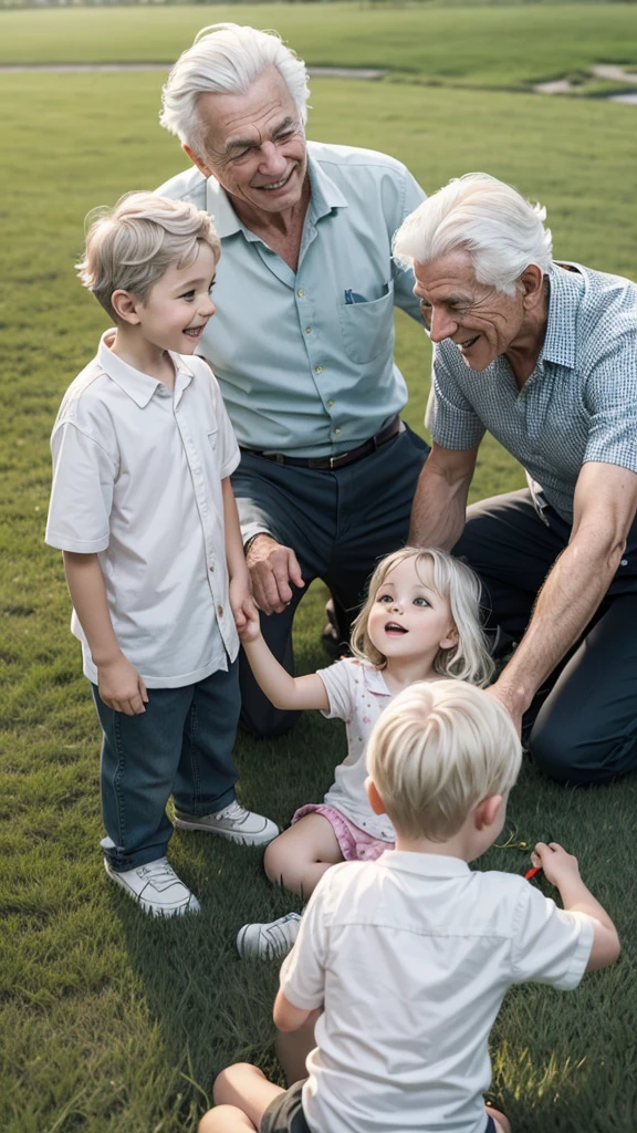 Elderly man with wavy white hair plays with his grandchildren on the green grass