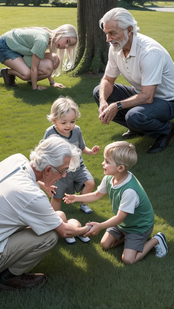 Elderly man with wavy white hair plays with his grandchildren on the green grass