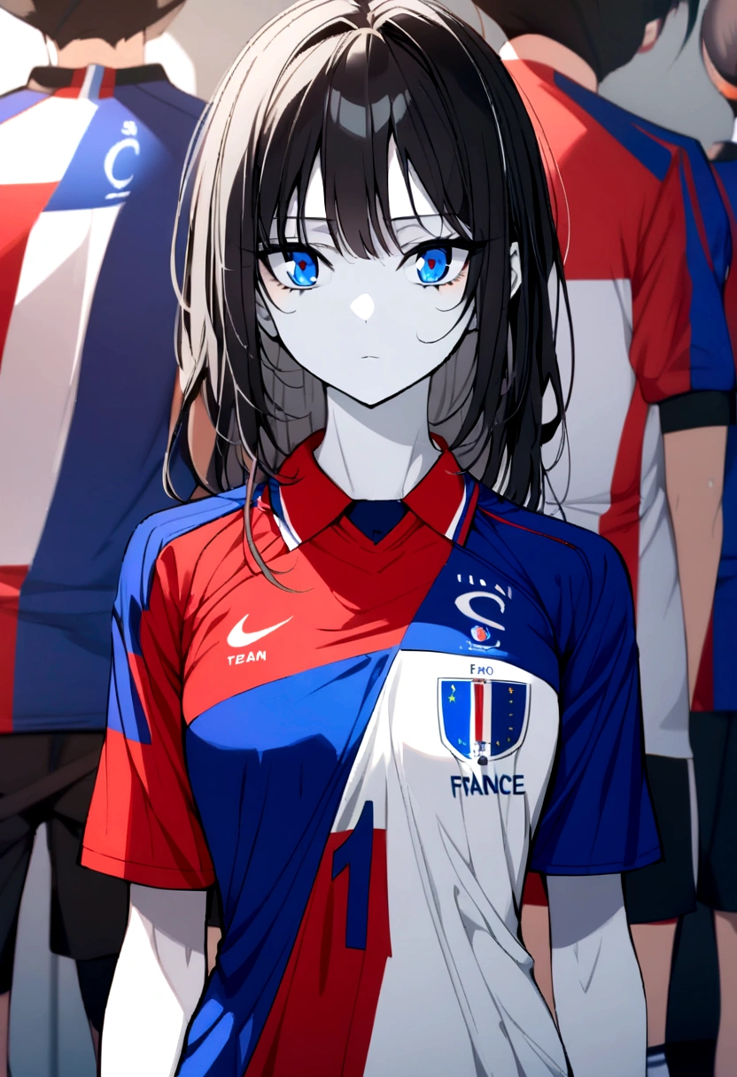 (anime ,2D) a female soccer player of average height ,White skin,thin face ,blue eyes,black hair with white highlights ,fringe,waist length,france national team uniform,