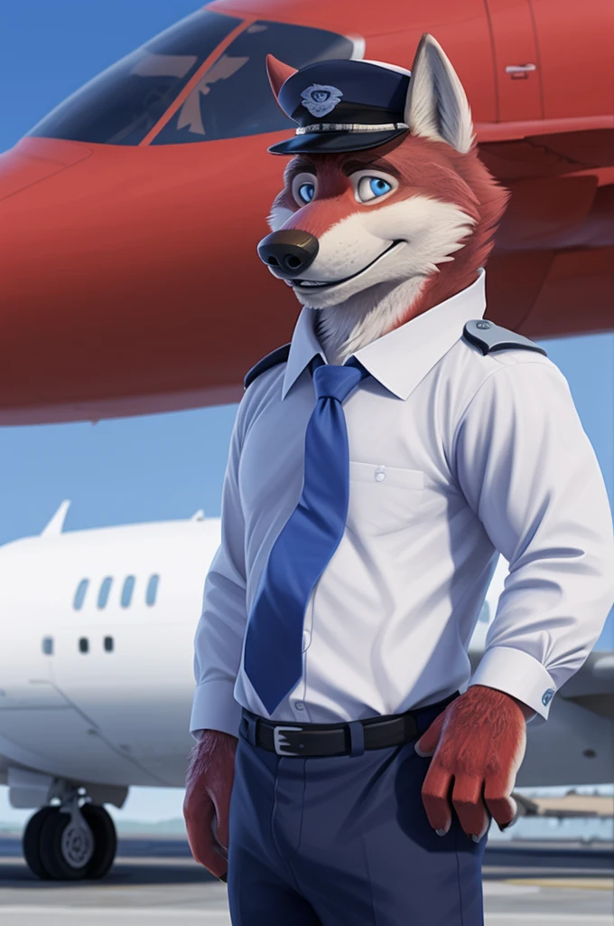 Ivan Fedorovich Wolfbach (Novosibirsk) ,высокий Beautiful, wolf,young, 24 years, brown fur,Kind,(red body:1.3),beautiful blue eyes,Novosibirsk,dressed,civil aviation pilot uniform,White shirt,epaulets командира, черный tie, trousers,airline pilot, commander's cap, trousers,canine, wolf, detailed fur, male, second, paw pads, finger claws,At the viewer, 5 fingers, paws, 5 fingers, smile, wrist watch, т nextel,by xenoforge, (difficult, high detail, digital photography, soft focus, RAW,goes for a walk, ,Very close to the camera,airport,Novosibirsk, smile, good mood, positive, Very close to the camera,without hair, epaulets captain, shoulder straps yellow stripe 4,
Photorealism, realistic, photorealistic, digital style, Subsurface scattering,I look at the viewer,стоит White shirt, epaulets, captain, trousers, tie, next to a Boeing 737 800ng plane,smile, teeth, Beautiful,
masterpiece, Best quality, ultra realistic, 8 thousand.)