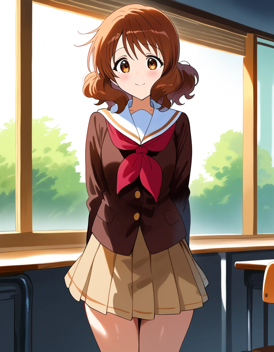 Highest quality, High resolution, masterpiece, (Beautiful Eyes), (Fine grain), Detailed face, kumiko oumae, Brown eyes, Brown Hair, short hair, Wavy Hair, smile, blush, skirt, shirt, Long sleeve, , pleated skirt, neckerchief, brown skirt, White sailor collar, brown shirt, Kitauji High , red neckerchief, indoor, classroom, Chair, machine, View your viewers, Cowboy Shot, (skirtを持ち上げる:1.5), (skirt that rolls up), (Panties in full view), (Wide pelvis), (Thick thighs), (White panties), nsfw