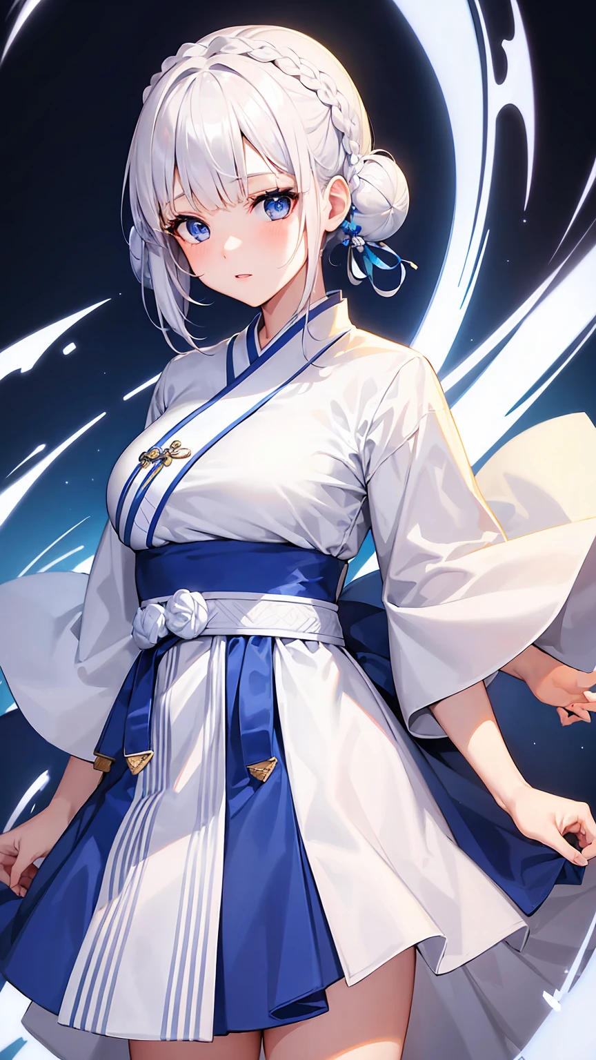 Girl1,cowboy shot,round face,blue eyes,white hair,double bun hairstyle,(Traditional hanbok costume for women),highly detailed, 8k