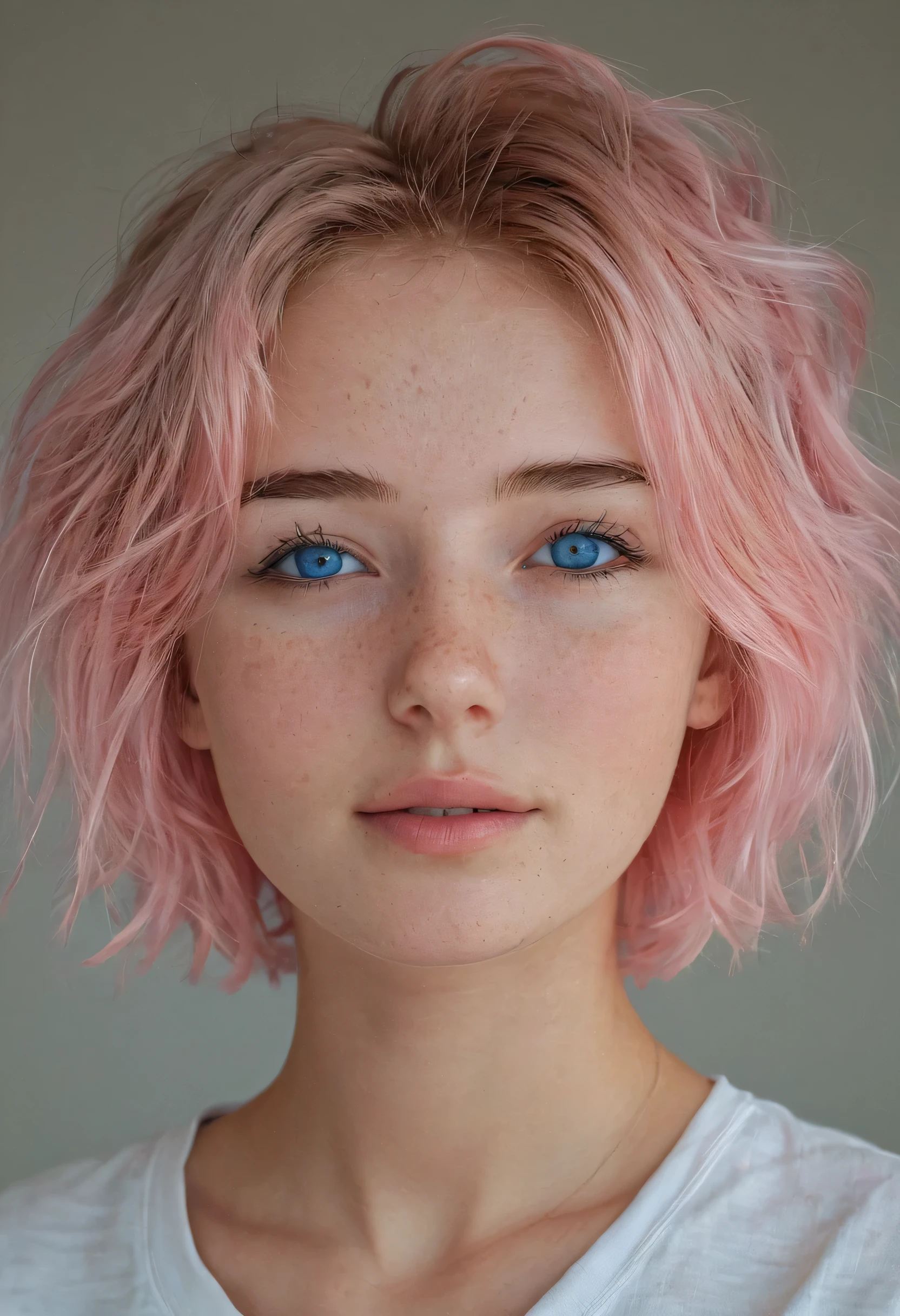 beautiful girl, 21 years old, young, thin, good looks, beautiful face, pink hair, Russian, highly detailed skin, highly detailed face, blue eyes, short haircut, beautiful shapes