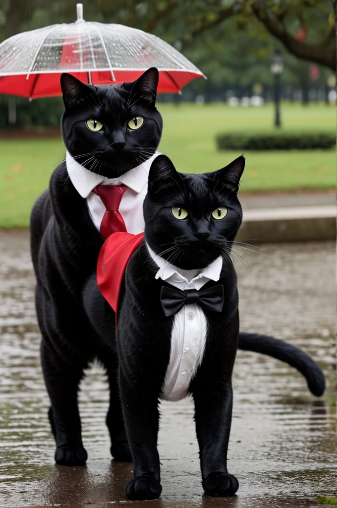 Happy black cat with red and white tie on a rainy afternoon in a park having coffee