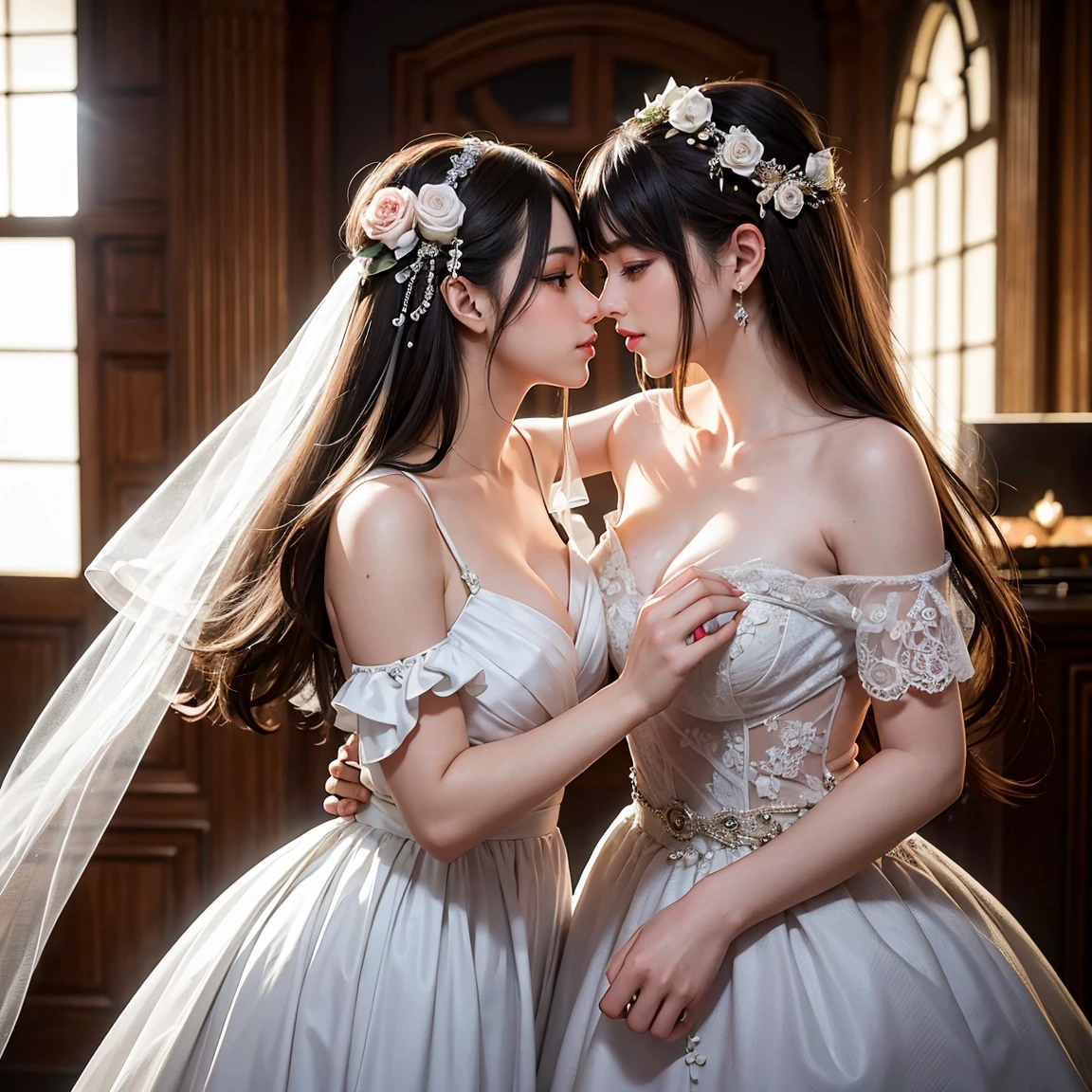 (masterpiece, highest quality, official art, beauty and aesthetic), two stunning bride is deeply in love with each other, kiss