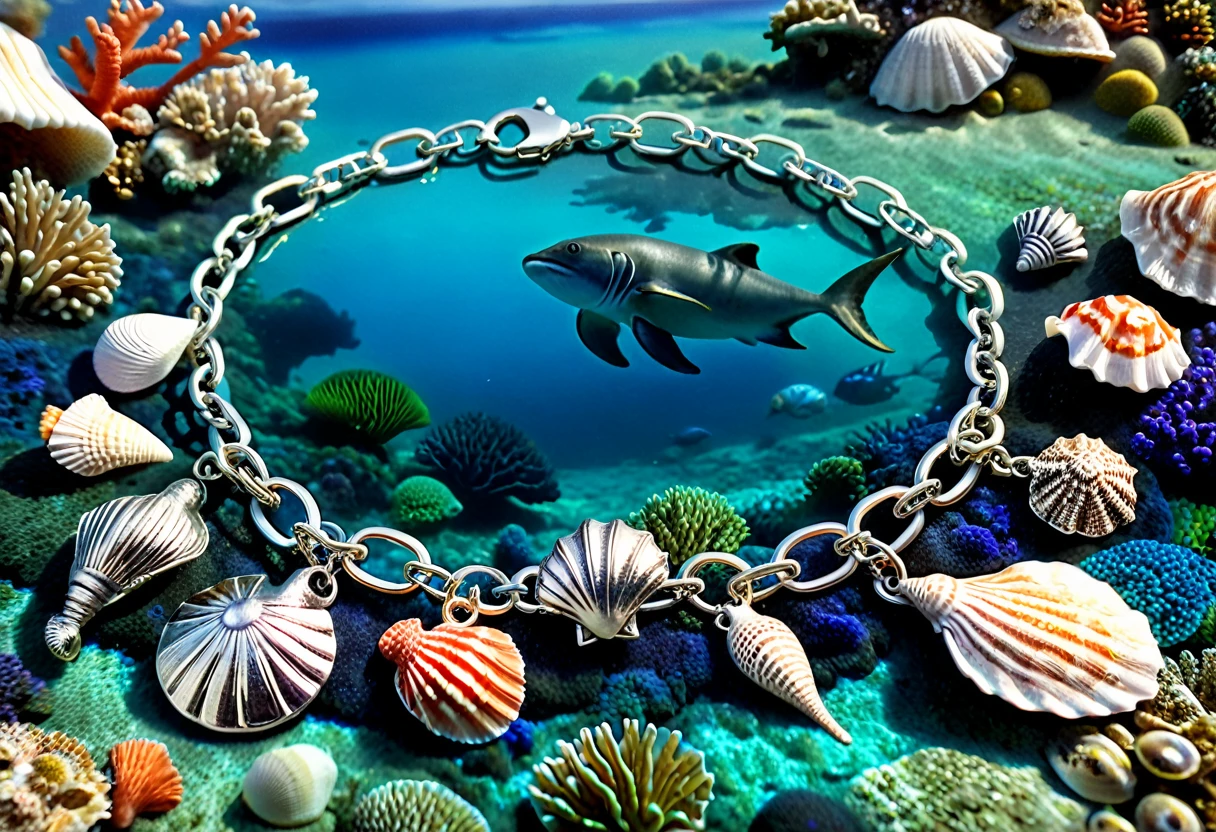 a shiny silver bracelet,delicate thin chain,various marine themed charms,sea creatures,seashells,ocean,coral reef,underwater,detailed,highly detailed,realistic,photorealistic,masterpiece,cinematic,dramatic lighting,intricate details,glowing,shimmering,vibrant colors,beautiful,elegant