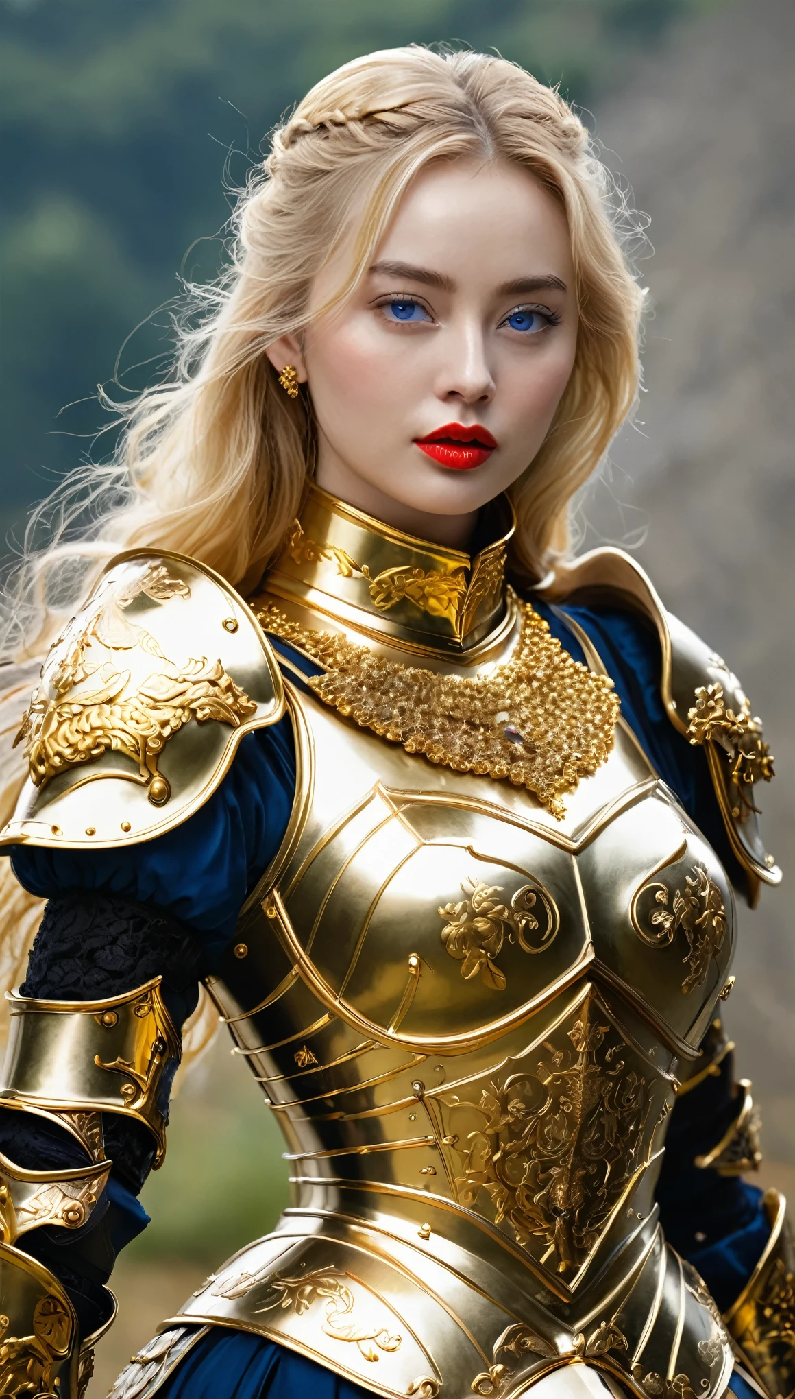 masterpiece,Highest quality,wonderful,(Female Knight_Female Knight:1),(Full body golden armor:1.3), (35歳のFemale Knight:1.3),、Big and ample breasts, Big Breasts,Big Breasts,belly button,Hyper Real,中世ヨーロッパの都市のbattlefieldにいる,Expressionless,、British women、Delicate skin texture to the smallest detail 、(Detailed blue eyes)、(Chubby body type))、(Very large)、Middle-aged women、(ふわふわblondeの長い髪)、Wheat tanned skin、(blonde)、Very large、European Female Knight、Big Breastsの谷間、豪華に装飾されたFull body golden armor、Medieval witch、High Leg、Golden long boots with flashy decorations、Deep neckline、Pure gold and jewellery necklaces and collars、Big gold earrings、Bright red lips、豪華なFull body golden armorを着て、Gold Long Gloves、She has a big long sword、The sword is ornately decorated..........................、The blade is pitch black、(Female Knight)、(battlefield)、