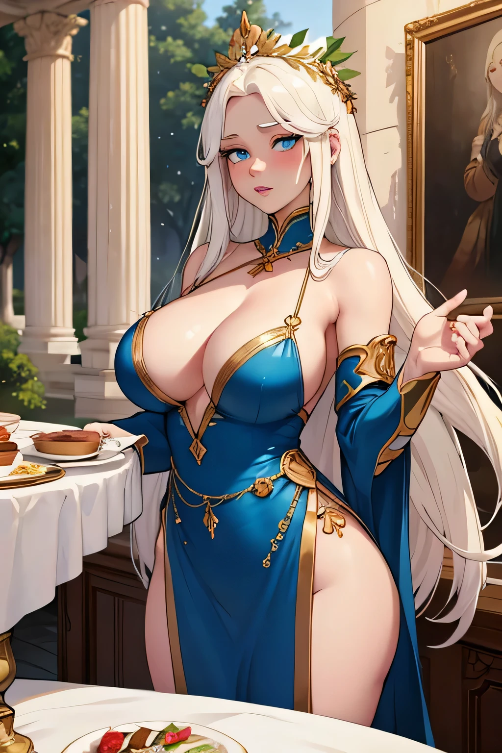 albino woman with very long hair, White skin, blue eyes, seductive look, big tits, giant breasts, olive branches around, gold laurel wreath, albino by the wide, dressed in a beautiful deep blue and gold dress, inside a palace with a pole in his hand, sweet food table, and a coffee, sonrriente, blushing