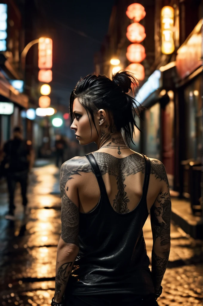 dynamic pose, the girl with the dragon tattoo, rainy city street at night, black eyeliner, black sleeveless muscle shirt, from behind, (big dragon tattoo on the back:1.3), swedish town, detailed skin, detailed eyes, photorealistic, dramatic lighting, RAW photo, 4k, sharp focus, high resolution, 8k uhd, high quality, film grain, Fujifilm XT3