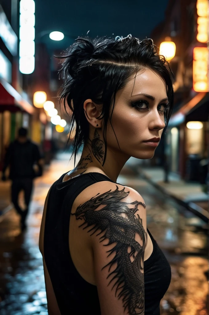 dynamic pose, the girl with the dragon tattoo, rainy city street at night, black eyeliner, black sleeveless muscle shirt, from behind, (big dragon tattoo on the back:1.3), swedish town, detailed skin, detailed eyes, photorealistic, dramatic lighting, RAW photo, 4k, sharp focus, high resolution, 8k uhd, high quality, film grain, Fujifilm XT3