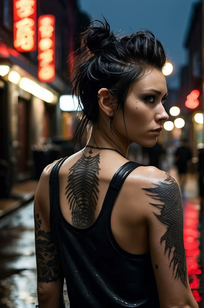 dynamic pose, the girl with the dragon tattoo, rainy city street at night, black eyeliner, black sleeveless muscle shirt, from behind, (big dragon tattoo on the back:1.3), swedish town, detailed skin, detailed eyes, photorealistic, dramatic lighting, RAW photo, 4k, sharp focus, high resolution, 8k uhd, high quality, film grain, Fujifilm XT3