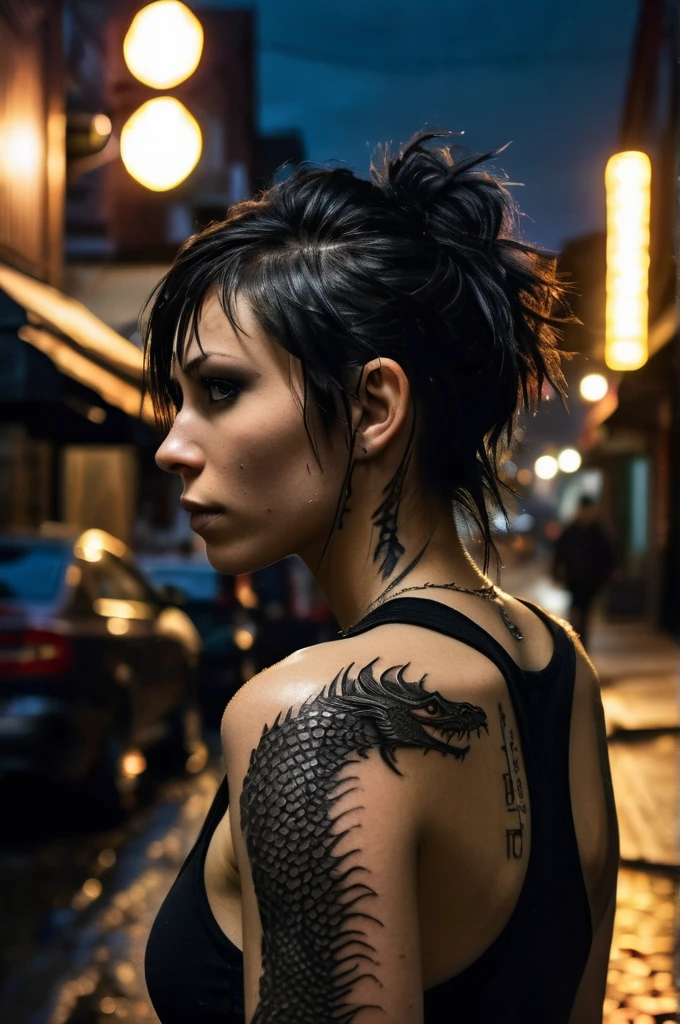 dynamic pose, the girl with the dragon tattoo, rainy city street at night, black eyeliner, black sleeveless muscle shirt, from behind, (big dragon tattoo on the back:1.3), swedish town, detailed skin, detailed eyes, photorealistic, dramatic lighting, RAW photo, 4k, sharp focus, high resolution, 8k uhd, high quality, film grain, Fujifilm XT3  