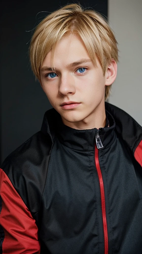 Create a 16 year old boy, Blonde hair, blue eyes, plain black and red jacket, like boruto