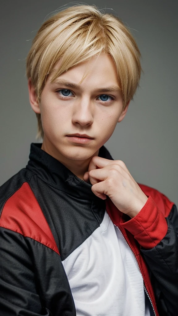 Create a  boy, Blonde hair, blue eyes, plain black and red jacket, like boruto