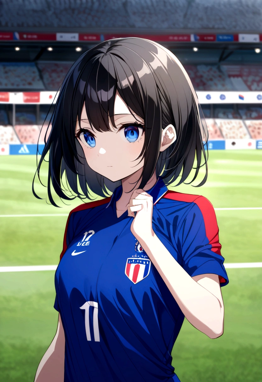(anime ,2D) a female soccer player of average height ,clear skin,thin face ,blue eyes,black hair with white highlights ,fringe,waist length,france national team uniform,