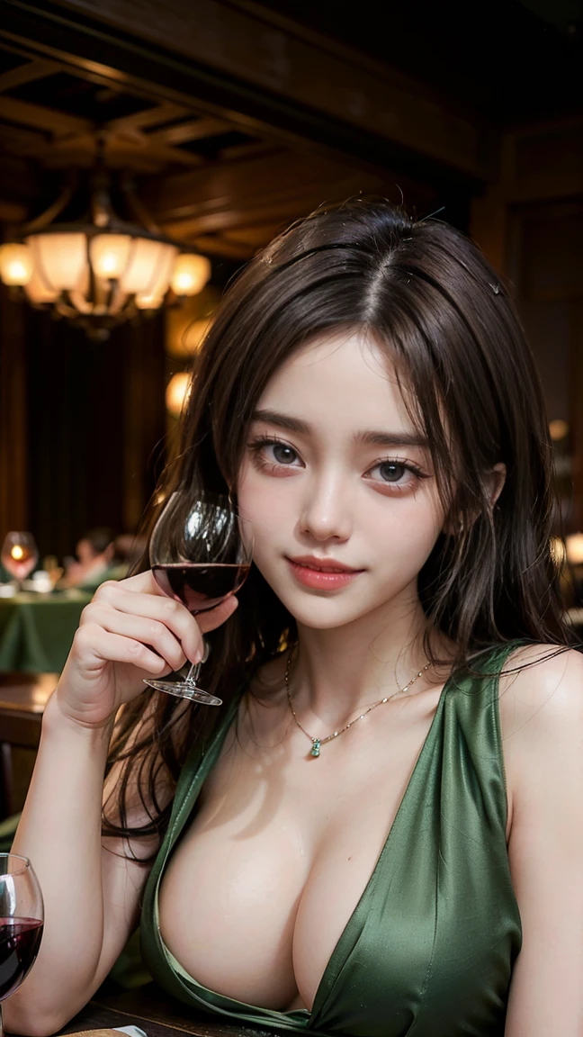 (Masterpiece, BestQuality:1.3), (ultra detailed:1.2), (hyperrealistic:1.3), (RAW photo:1.2),High detail RAW color photo, professional photograph, (Photorealistic:1.4), (realistic:1.4), ,professional lighting, (japanese), beautiful face, (realistic face), cute woman, (Brown Hair, Big Breasts:1.5), (Smile:1.7), Trending Hair&Trending Hairカラーをランダムに, earrings, necklace, bracelet, sexly, erotic sexly, Random sexy gravure poses, Walking, (((Sexy beauty in a green silk dress、Holding a wine glass in a fancy restaurant、Straight black hair、Smiling、Elbows on the table。:1.2), Beautiful location, (Detailed Background):1.2))