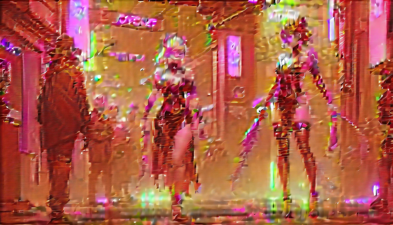 A girl dressed as a courtesan, teenager, one person, full body, cyberpunk, red eyes, glowing eyes, neon street, courtesan procession