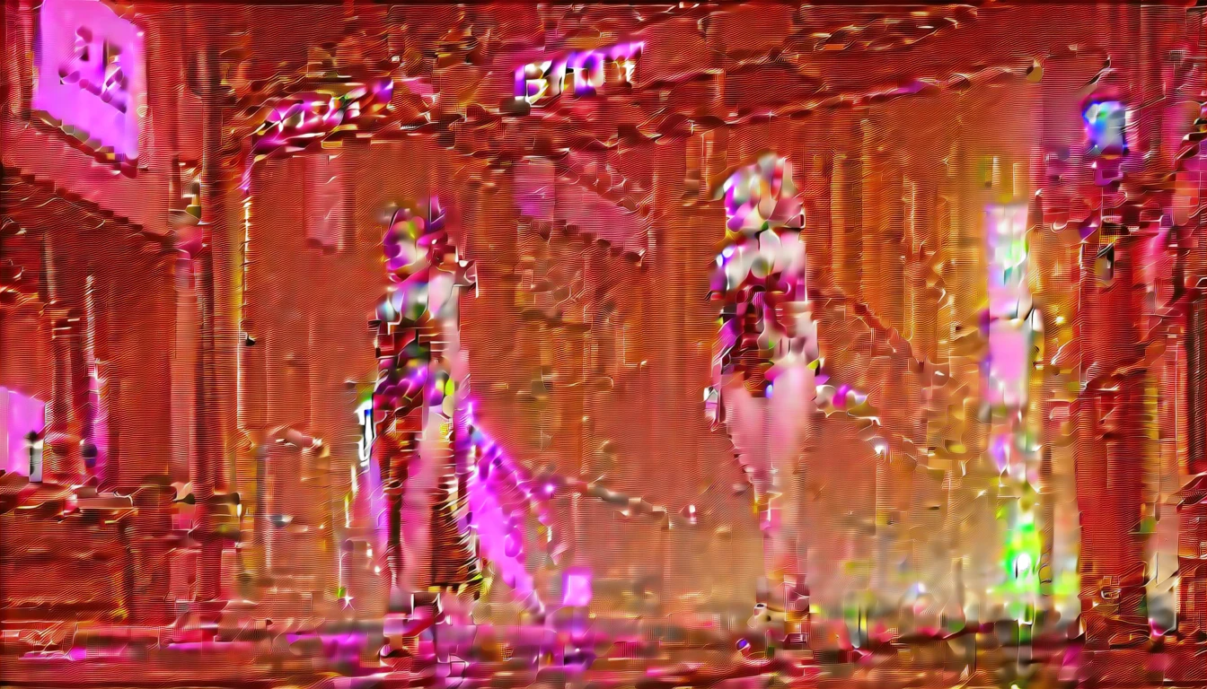 A girl dressed as a courtesan, teenager, one person, full body, cyberpunk, red eyes, glowing eyes, neon street, courtesan procession