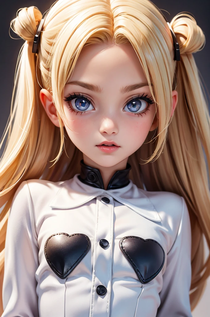 hyperrealistic  american teen, blonderfect tiny body, sexy, dark makeup, perfect slim face, big red lips, very cute face, tiny body, big eyes, young looking, childish looking, all white suit
