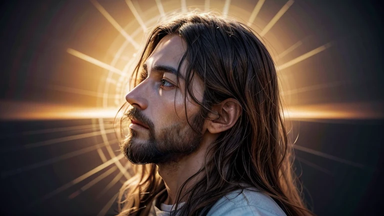 representation of Jesus Christ that captures his divine and transcendental presence. He is pictured in profile, with a serene and compassionate expression on his face. Your eyes are deep and reflect unconditional love and infinite wisdom.
