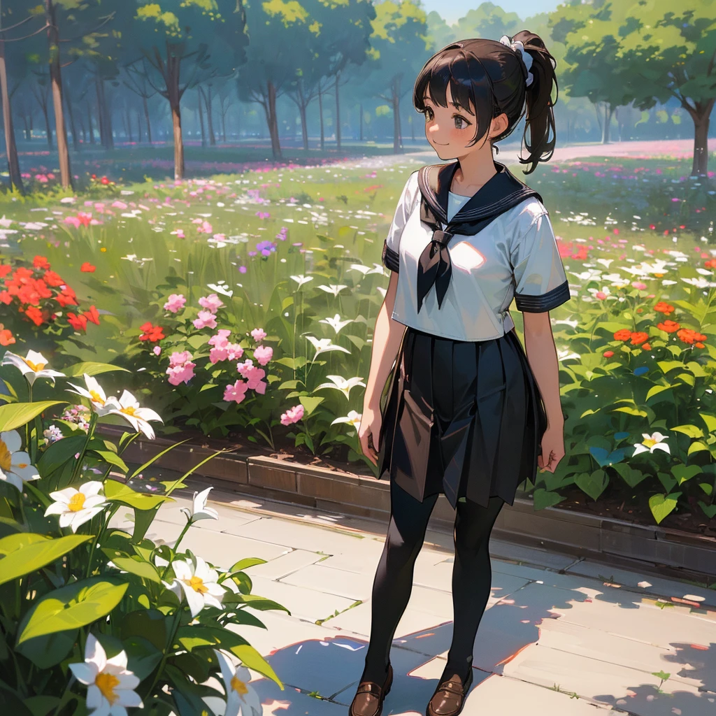 (Highest quality, High resolution, Very detailed, Realistic:1.37), Peaceful atmosphere, (Outdoor, garden), Teenage girl standing alone, Beautiful and detailed features, Cute Smile, ((Black ponytail)),Short-sleeved sailor uniform, Pleated skirt,Black tights,Brown leather shoes.