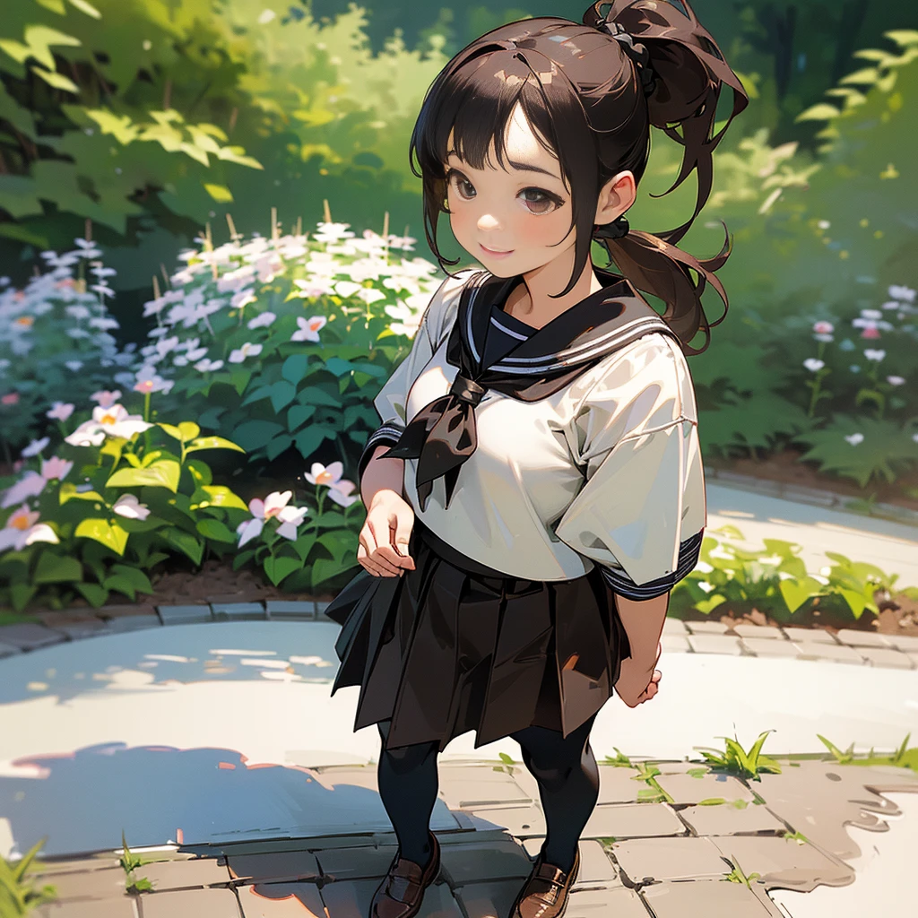 (Highest quality, High resolution, Very detailed, Realistic:1.37), Peaceful atmosphere, (Outdoor, garden),  girl standing alone, Beautiful and detailed features, Cute Smile, ((Black ponytail)),Short-sleeved sailor uniform, Pleated skirt,Black tights,Brown leather shoes.