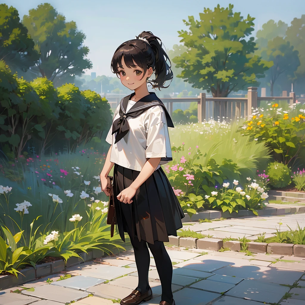 (Highest quality, High resolution, Very detailed, Realistic:1.37), Peaceful atmosphere, (Outdoor, garden), Teenage girl standing alone, Beautiful and detailed features, Cute Smile, ((Black ponytail)),Short-sleeved sailor uniform, Pleated skirt,Black tights,Brown leather shoes.
