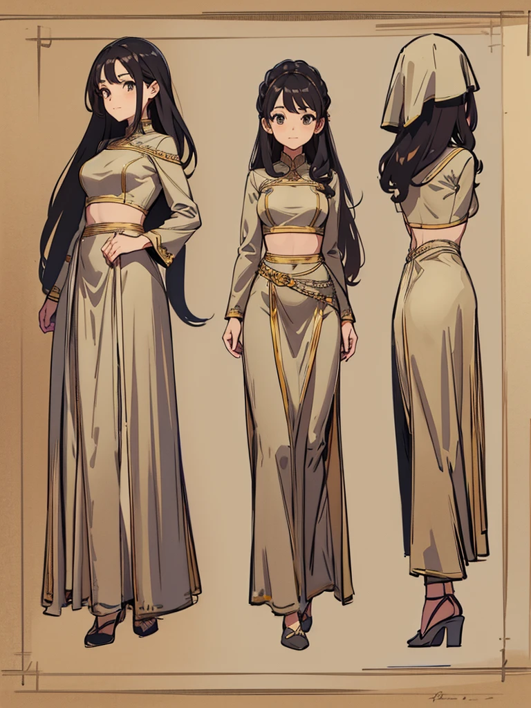 cute, standing lady, three view drawing, front and back and side,full body,simple background,dancer,long hair