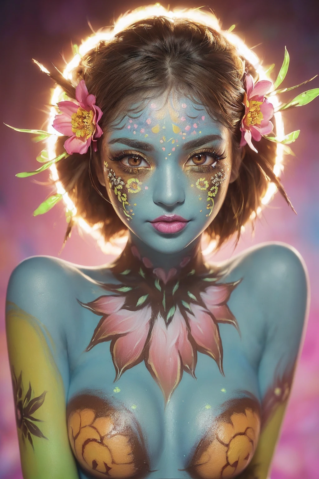((dressed in body paint:1.3)), (model shows off glowing body paint, the paint covers her private parts in a vivid artistic display, glowing texture (body paint flower piles: 1.2)), best high quality real textured skin, (perfect composition), ((creative spring flowers uv portrait glowing body painting: 1.33)), ((fluorescent flower clusters printed on her skin: 1.4)), (beautiful slim and sharp face), (((Hyper absurd details of realistic , perfectly round brown eyes: 1.3) in hyper absurd quality and resolution)), (light pale complexion), ((Hyperrealistic sharp eyes, clear absurd quality, not blurry)), ((fine detailed pupils: 1.4) ), (Perfect makeup: 1.35),