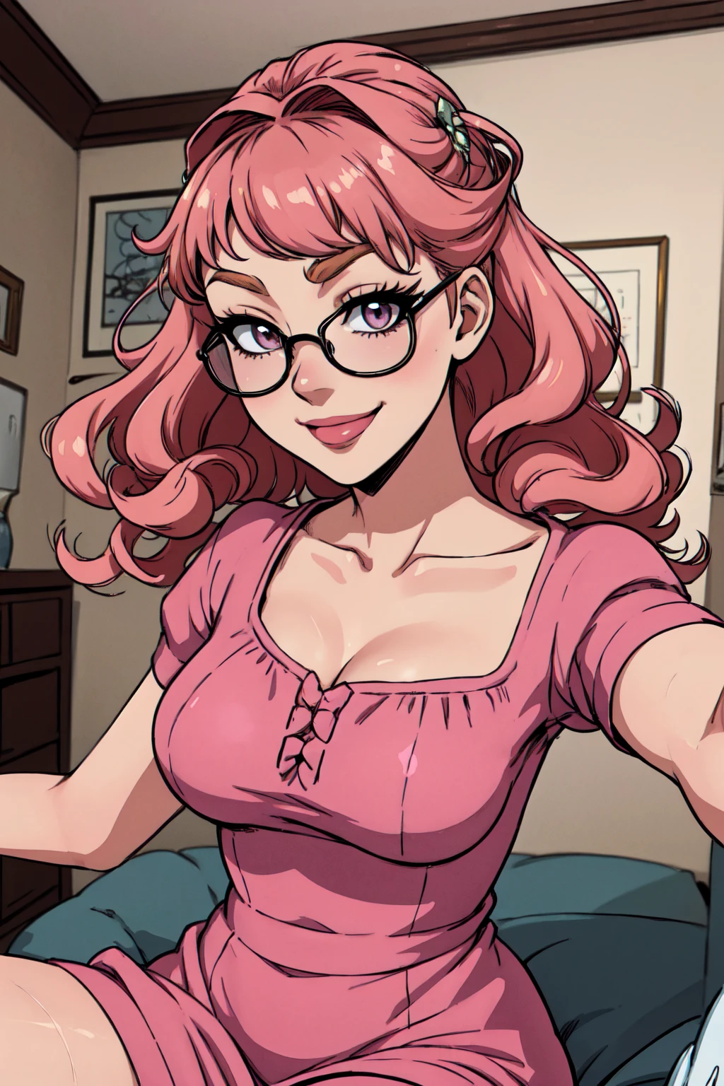 {-erro_de_anatomia:1.0}(best quality,4k,8k,highres,masterpiece:1.2) Anime girl tuxedo with curly hair, hazelnut hair and round gold glasses, rose gold eyes. Guviz style art, attractive detailed art style, Charlie Bowater Style, 1 7 - year - old cute anime girl, detailed manga style, detailed anime character art, germ of art. High detail, stunning manga art style. Rose dress. (pink dress) . Wearing rose gold Victorian clothing, dynamic poses, smile. Different Pose, upper body, sitting