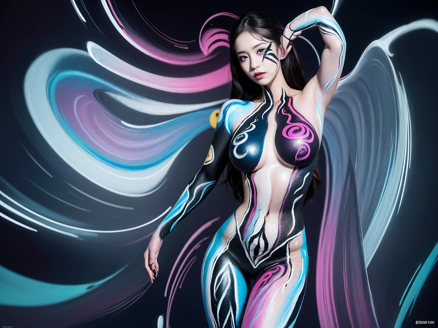 (surreal body painting:1.5), (female model with big hips and toned legs), (surreal and abstract designs), (dynamic and unconventional poses), (studio background), (vivid and contrasting colors), (high contrast), (intricate details), (8k RAW photo, highest quality)