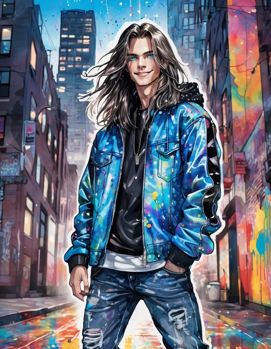 Blurred outline, masterpiece, handsome boy, long hair, coldly shining beautiful blue eyes, cold sneer, beautiful teeth with perfectly aligned teeth, dark painting on face, flashy jacket with lots of patches, tight jeans, pop sneakers, angled from above and in front, deformed downtown cityscape with paint splattered in the background, pop and flashy watercolor style