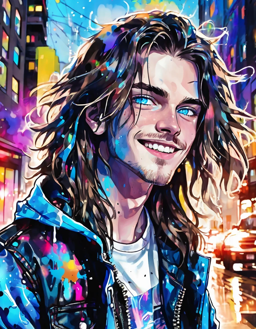 Blurred outline, masterpiece, handsome boy, long hair, coldly shining beautiful blue eyes, cold sneer, beautiful teeth with perfectly aligned teeth, dark painting on face, flashy jacket with lots of patches, tight jeans, pop sneakers, angled from above and in front, deformed downtown cityscape with paint splattered in the background, pop and flashy watercolor style