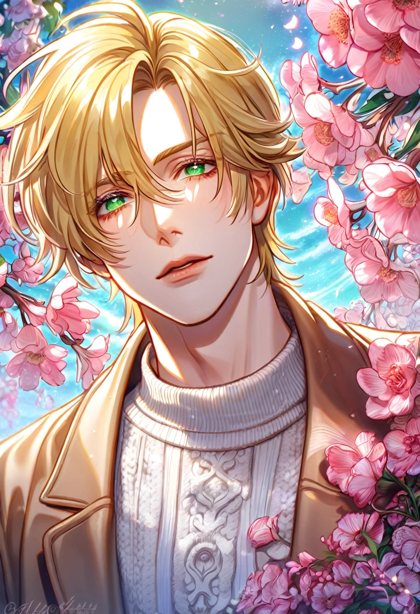 absurdres, highres, ultra detailed, HDR, master piece, best quality, Ash Lynx, blonde hair, expressive green eyes, banana fish, solo, sexy man, handsome, brown coat, white sweater, fantasy, shining, pink flowers, pink blossoms, pink butterflies, pink petals