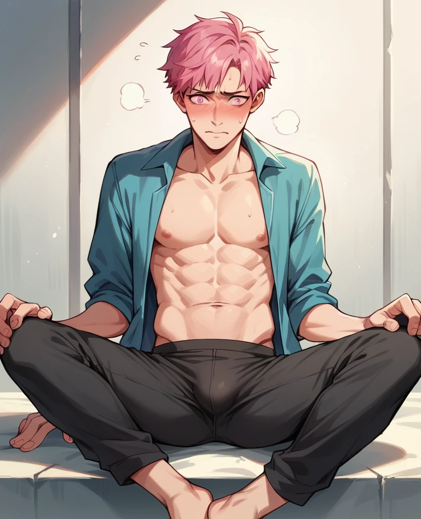 Masterpiece, best quality, 1man, pink hair, pink eyes, short hair, skinny, embarrassed, facing the viewer, four arms, bulge in pants, sitting down