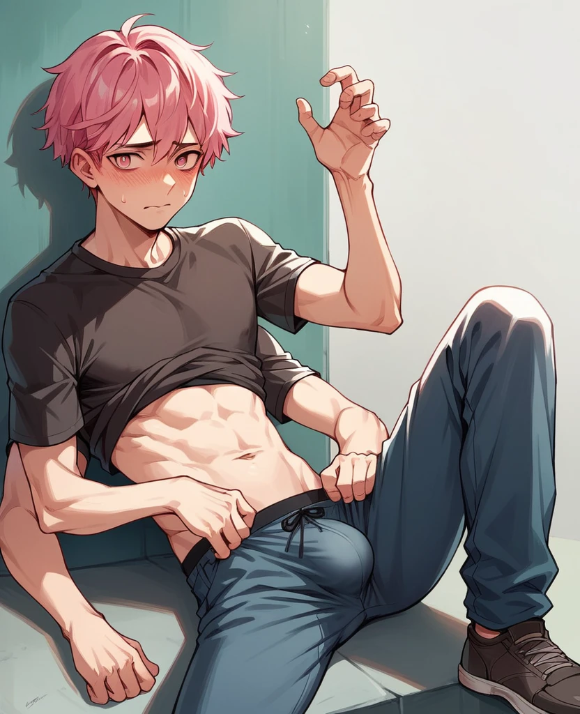 Masterpiece, best quality, 1man, pink hair, pink eyes, short hair, skinny, embarrassed, facing the viewer, four arms, bulge in pants, sitting down