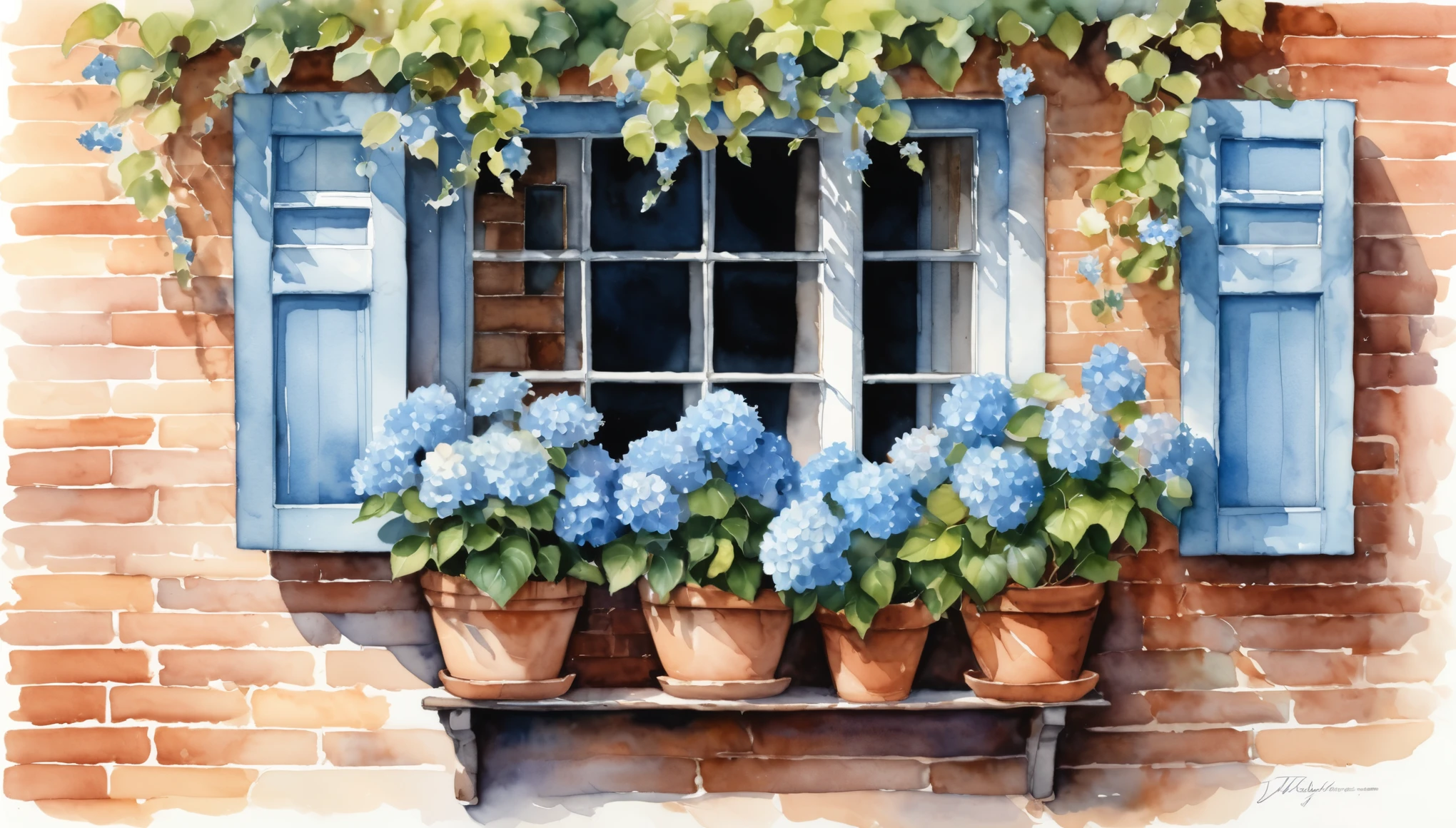 An watercolor illustration of a quaint window with light blue shutters, set in a rustic brick wall. The window has sheer white curtains softly billowing, partially obscured by an abundance of lush, vibrant blue hydrangeas in terracotta pots. The scene is bathed in soft, natural light, enhancing the serene atmosphere.