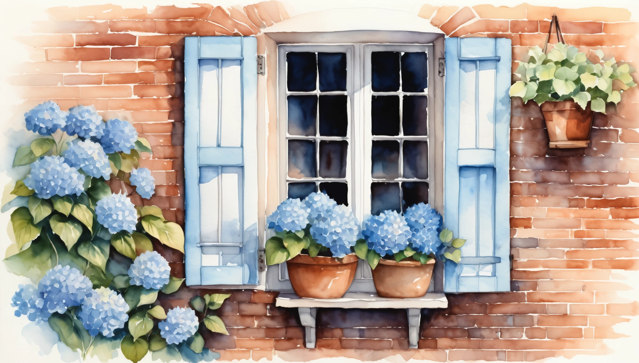 An watercolor illustration of a quaint window with light blue shutters, set in a rustic brick wall. The window has sheer white curtains softly billowing, partially obscured by an abundance of lush, vibrant blue hydrangeas in terracotta pots. The scene is bathed in soft, natural light, enhancing the serene atmosphere.