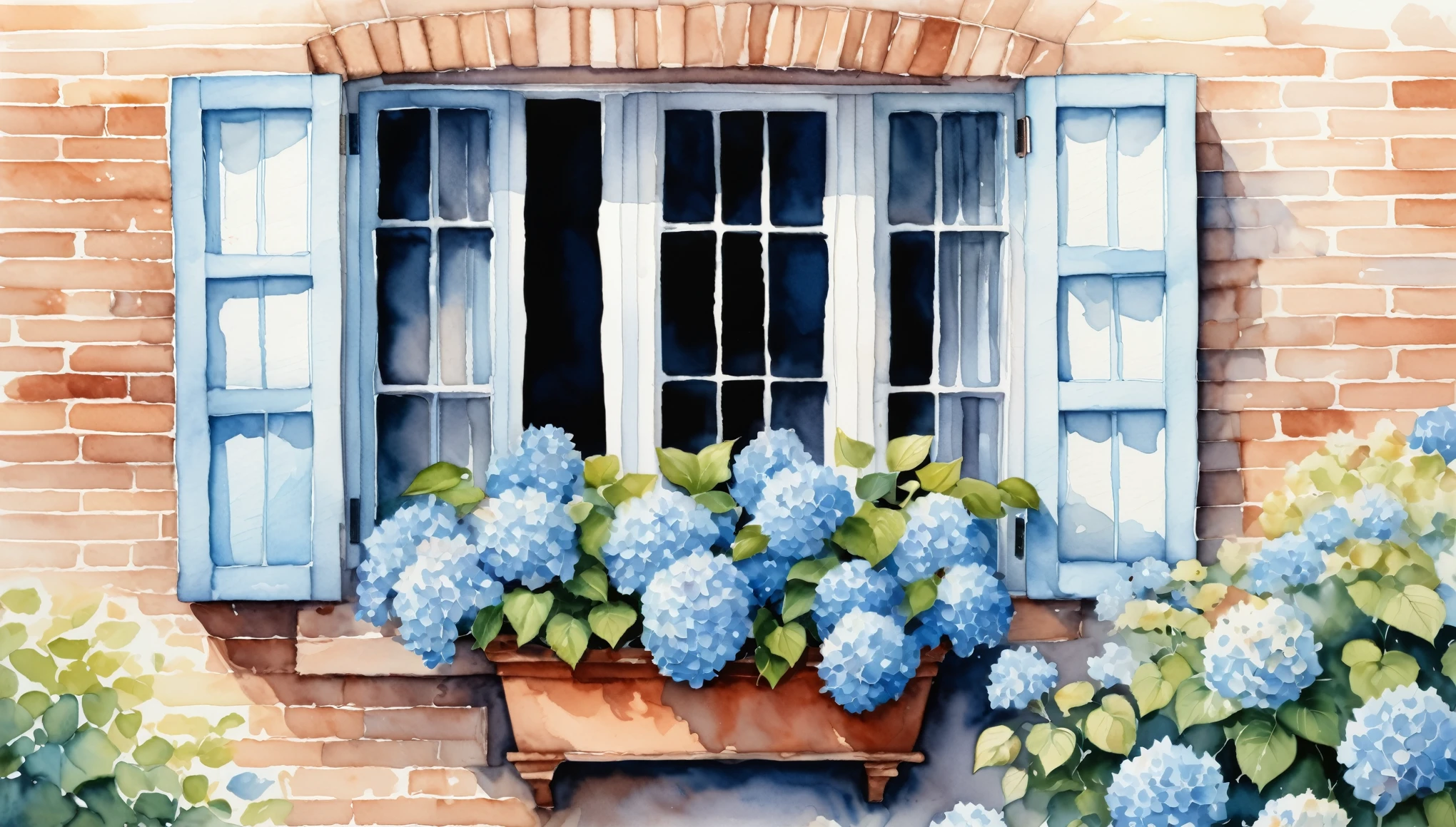 An watercolor illustration of a quaint window with light blue shutters, set in a rustic brick wall. The window has sheer white curtains softly billowing, partially obscured by an abundance of lush, vibrant blue hydrangeas in terracotta pots. The scene is bathed in soft, natural light, enhancing the serene atmosphere.