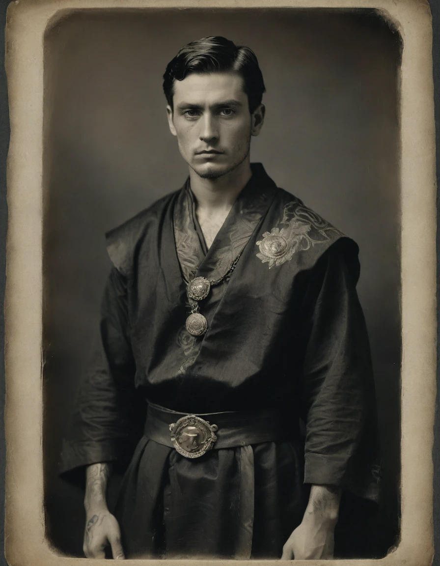 Masterpiece, best quality, ((((Rough monochrome, daguerreotype on old paper, male focus)))), the composition is: (((a young male Roman nobleman, sullen, facing viewer. Tattoos, His face is tattooed. He is wearing a black silken robe with samurai elements, sashes, medals, diamond shape symbology, moth symbology, jungle background))).