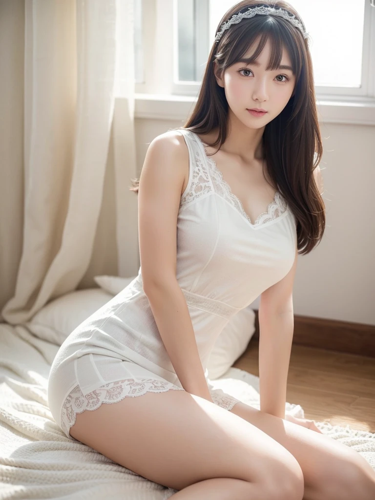 White lace dress、(Highest quality)、((Very detailed))、4K、(8K)、masterpiece、Very detailedな、Highest quality、Super Resolution、1 person、Kind Face、Soft Light、RAW quality、Soft Skin、163cm、White Room:1.5、Thighs