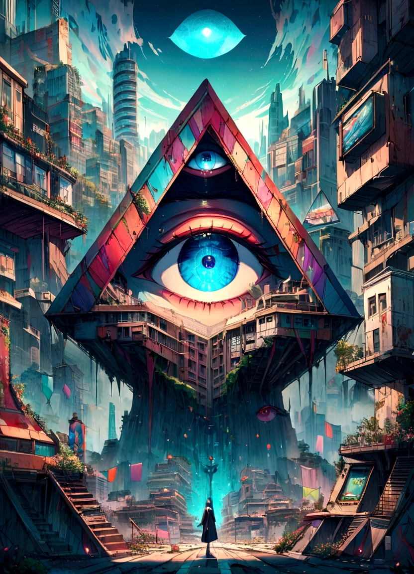 The Illuminati Eye Hovering Over a Dystopian City, My eyes are bleeding, 4K, High resolution, Quality in Details