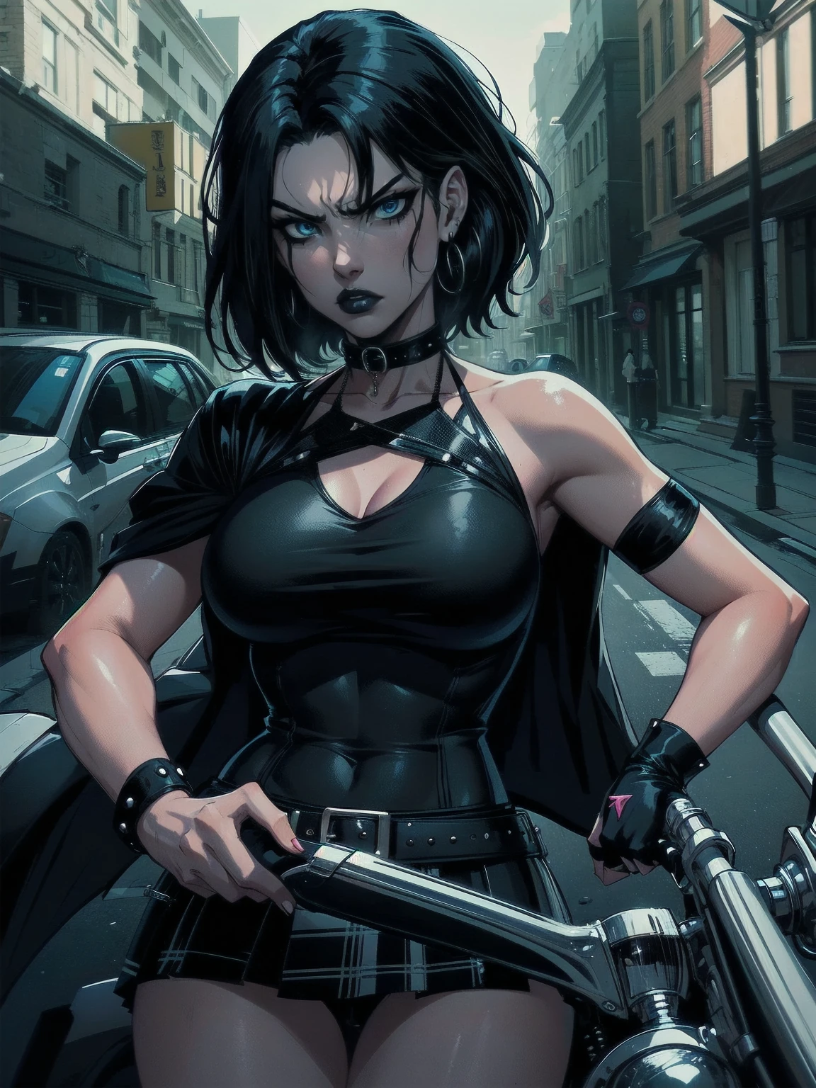 a woman with medium black hair, hair on shoulders,  wearing plaid skirt, black jacket,  blue eyes, gothic art, cute aesthetic with vibe, toon aesthetic, wearing gothic accessories, look like Cassie Hack, upper body, angry,  driving on the motocicle, street background, dinamic poses
