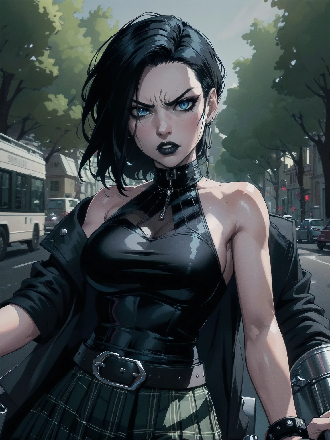 a woman with medium black hair, hair on shoulders, wearing plaid skirt, black jacket, blue eyes, gothic art, cute aesthetic with vibe, toon aesthetic, wearing gothic accessories, look like Cassie Hack, upper body, angry, driving on the motocicle, street background, dinamic poses