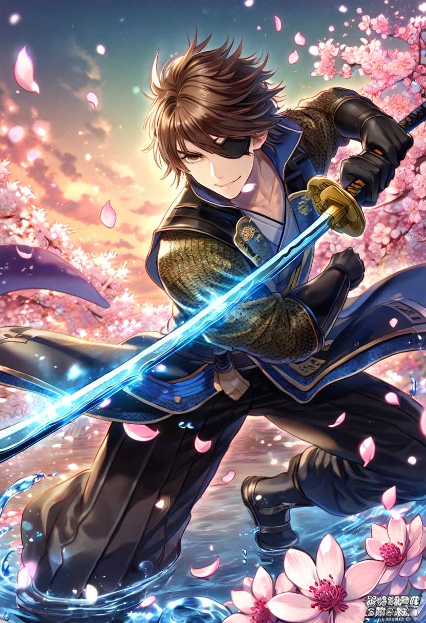 absurdres, highres, ultra detailed, HDR, master piece, Date Masamune, medium brown hair, expressive brown eye, black eye patch on his right eye, Sengoku Basara, sexy man, handsome, best quality, blossoms, pink petals, pink flowers, fantasy, magical, blue shining fireflies, solo, water, smirking, blue and black clothes, black gloves, grabbing a sword, black pants