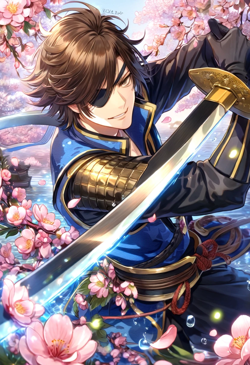 absurdres, highres, ultra detailed, HDR, master piece, Date Masamune, medium brown hair, expressive brown eye, black eye patch on his right eye, Sengoku Basara, sexy man, handsome, best quality, blossoms, pink petals, pink flowers, fantasy, magical, blue shining fireflies, solo, water, smirking, blue and black clothes, black gloves, grabbing a sword, black pants