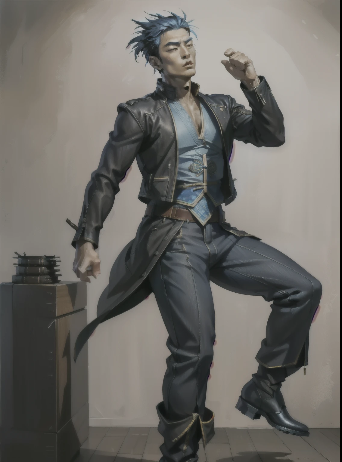 a character who dances to Korean music, and in his free time he is a shooter, Cao Cao, big hair, Asian, has blue hair, black leagwear, pants, boot, tight shirt, leather jacket.