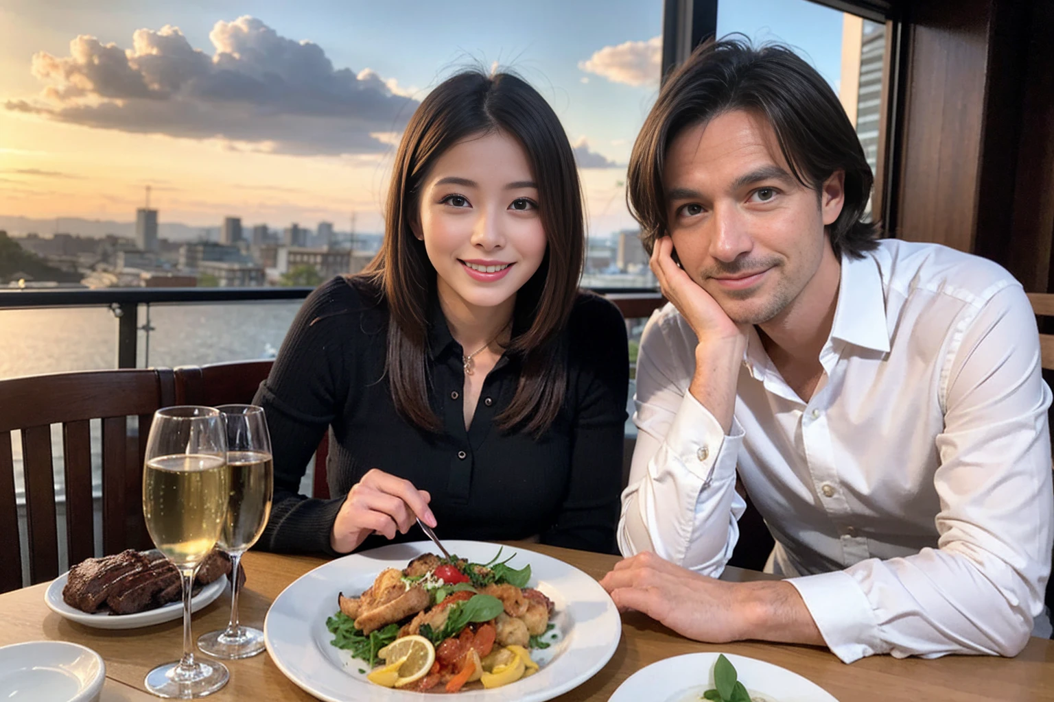 ((Highest quality、、masterpiece:1.3))、1 male 1 female、Satomi Ishihara、Beautiful couple、smile、full-course dinner、 (Slim face), (the body is スリム), (Brown Hair), (Shortcuts), ((Bob Hale、Straight hair:1.2)), テーブルの上のwine glass、Put the light on your face、 Amazing view of the sunset sky and clouds、smileの美しさ、Bright image、Blushing, Shortcuts, (43 years old), 39 years old, Appetizers、Italian food、Wine bottle、Champagne、sparkling wine、Long sleeve shirt、dress、Attractive beauty、restaurant, Nova Frog Style, actress, model, Upper Body, White wine, red wine, wine glass,