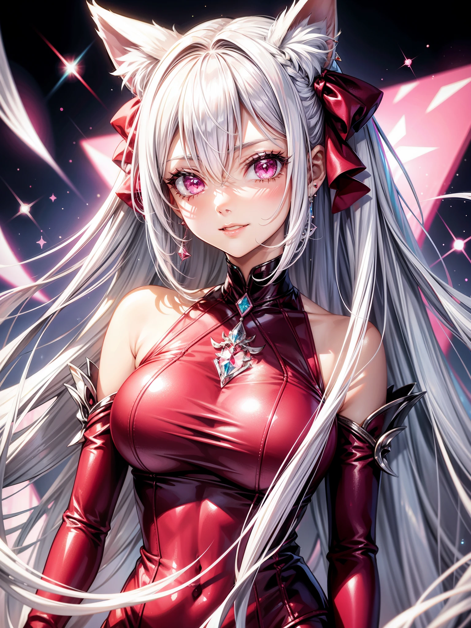 Silver hair, pink eyes, body, cat ears, woman, earrings, sparkle background, red clothes, diamond hair bows, happy face