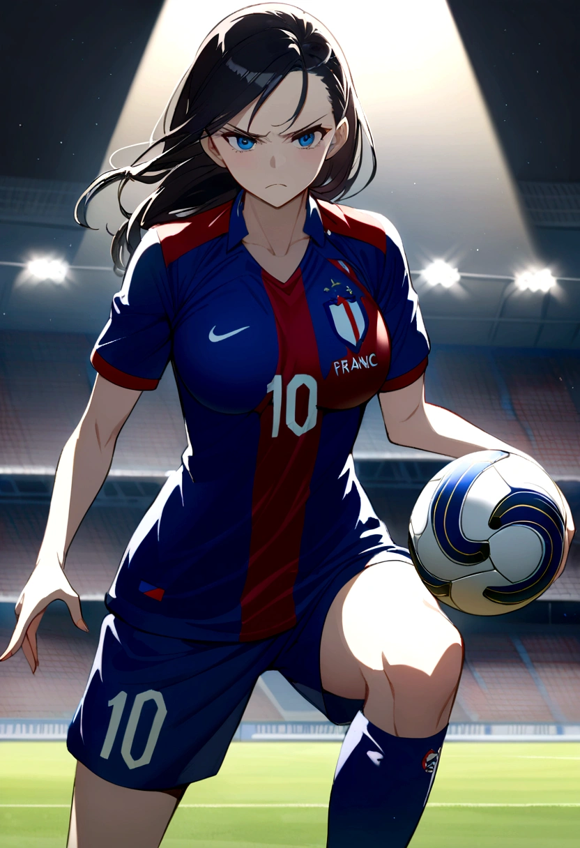 (anime ) Women, soccer player , average height ,clear skin,thin face ,serious expression,blue eyes,black hair , waist length ,white bangs,Skinny body,big breasts,small waist, France national team uniform, In a soccer field ,kicking a ball
